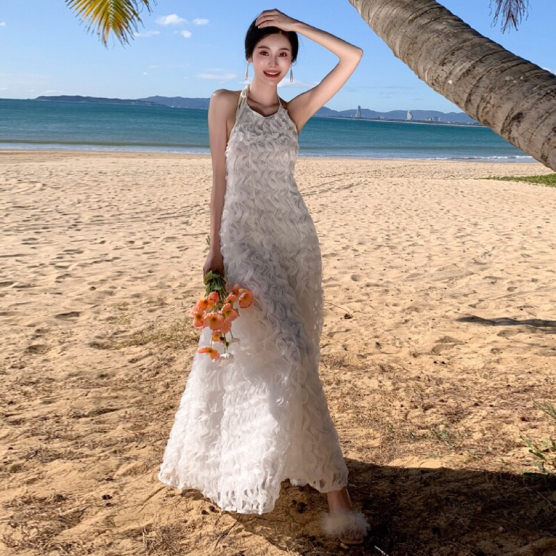 輕婚紗白色小禮服 Banquet 削肩洋裝 婚禮洋裝 海邊沙灘裙 度假長洋裝 蕾絲洋裝 美背繫帶修身A字連衣裙