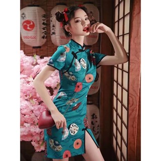 旗袍 短旗袍 洋裝 改良式旗袍 夏季旗袍 國潮旗袍年輕款少女改良版中國風小個子連身裙 短款旗袍裙