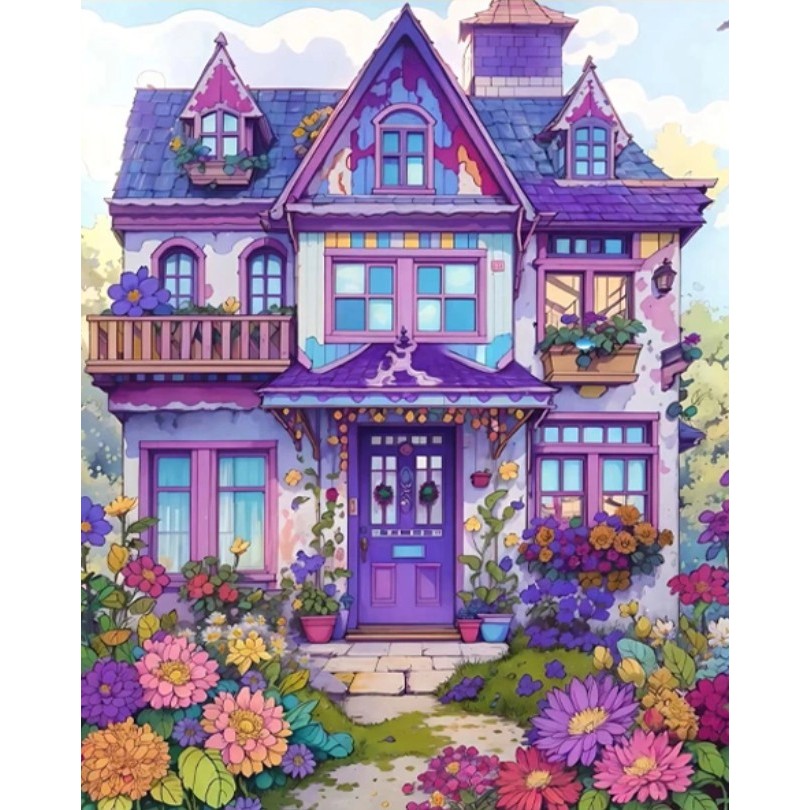 紫色浪漫花別墅屋十字繡