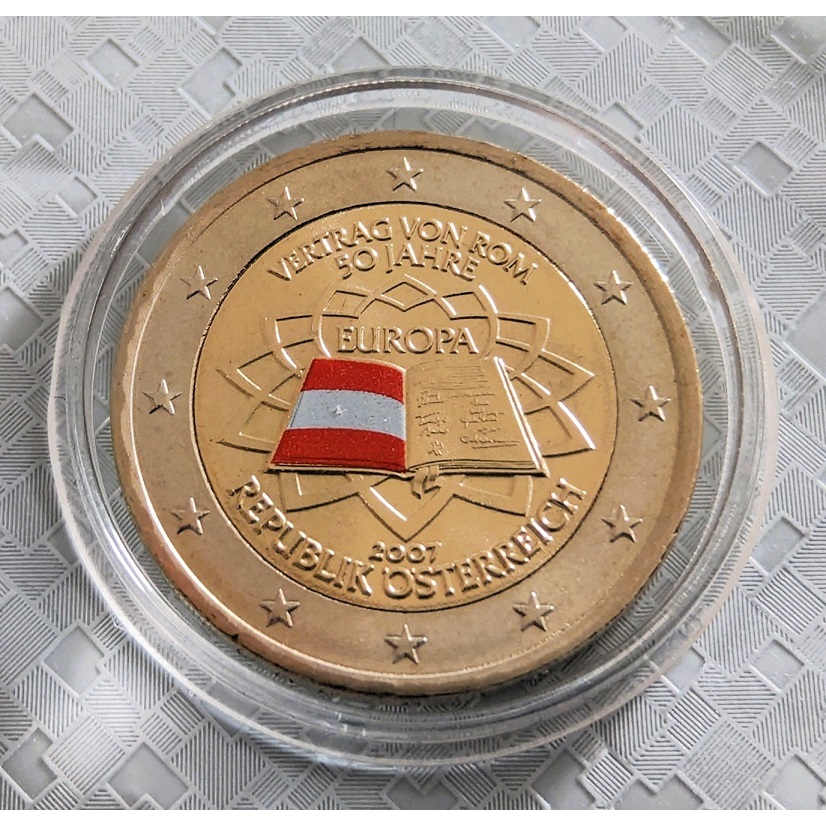 2007 年 羅馬條約 簽訂50週年 Euro 2 雙金色 米開朗基羅設計 歐元區國家聯合發行 色彩紀念幣