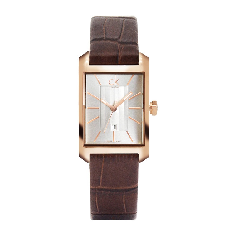 Calvin Klein美國原廠平輸 | Window系列 玫瑰金框 白面 矩形錶 棕色皮革錶帶 手錶 腕錶 CK錶