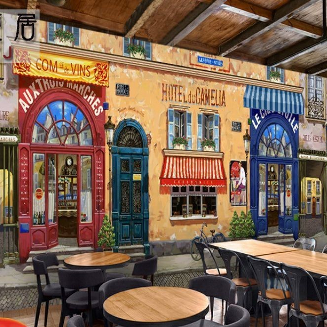 懷舊歐洲街道街景壁畵鐵皮複古工業風壁紙咖啡廳主題房西餐廳墻紙   久興旂艦店