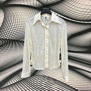 二手 白色 網眼 絨布線條 略透 長袖 上衣 CA320 【克拉希克 古著の藝術殿堂】