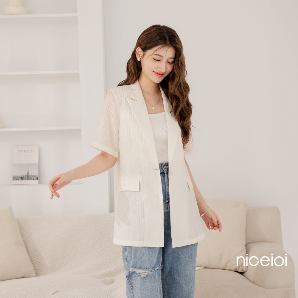 niceioi【特惠】西裝外套 外套 西裝 白色 [質感壓褶小墊肩翻領外套] 女裝