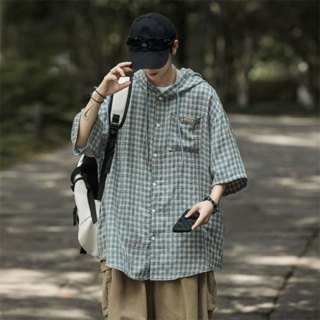【Joybuy】日系連帽襯衫 男女短袖夏季復古情侶寬鬆半袖格紋外套襯衫男裝