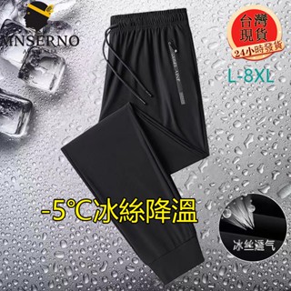 【臺灣現貨】L-8XL大尺碼超薄冰絲涼感褲 仿西褲 防水拉鍊運動縮口長褲 冰絲涼感 速乾長褲 運動長褲 體感降溫直筒長褲