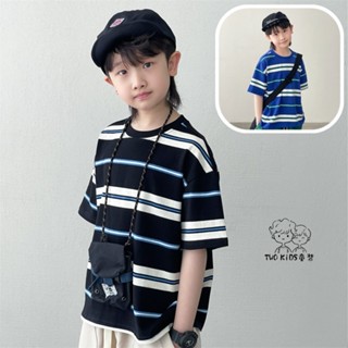 TWO KiDS 童裝240054現貨日系條紋針織寬鬆T恤(100-160碼)男童短袖上衣兒童上衣中大童