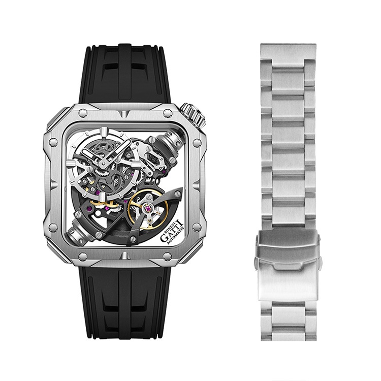 BONEST GATTI |  原廠授權布加迪 銀框鏤空面盤 方型 黑色橡膠錶帶 自動上鍊機械錶 贈不鏽鋼錶帶