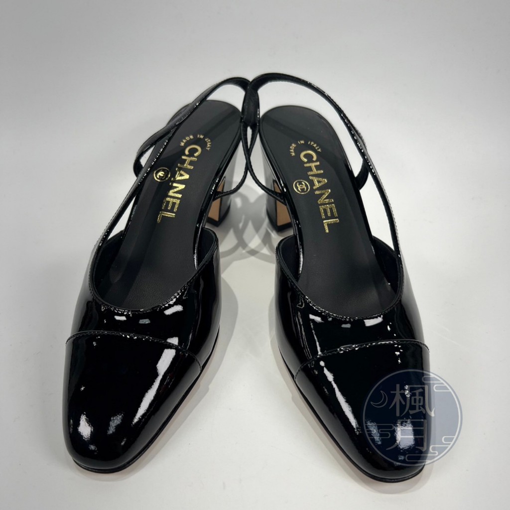 CHANEL 香奈兒 G31318 黑色漆皮鉛筆中跟涼鞋 #35 女鞋 鞋子 精品鞋