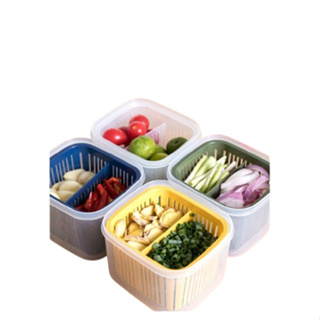 分隔 雙層 葱花盒瀝水保鮮盒（1入）分隔葱花瀝水保鮮盒洋蔥薑蒜收納盒 冰箱 蔬菜 保鮮盒 密封儲物盒