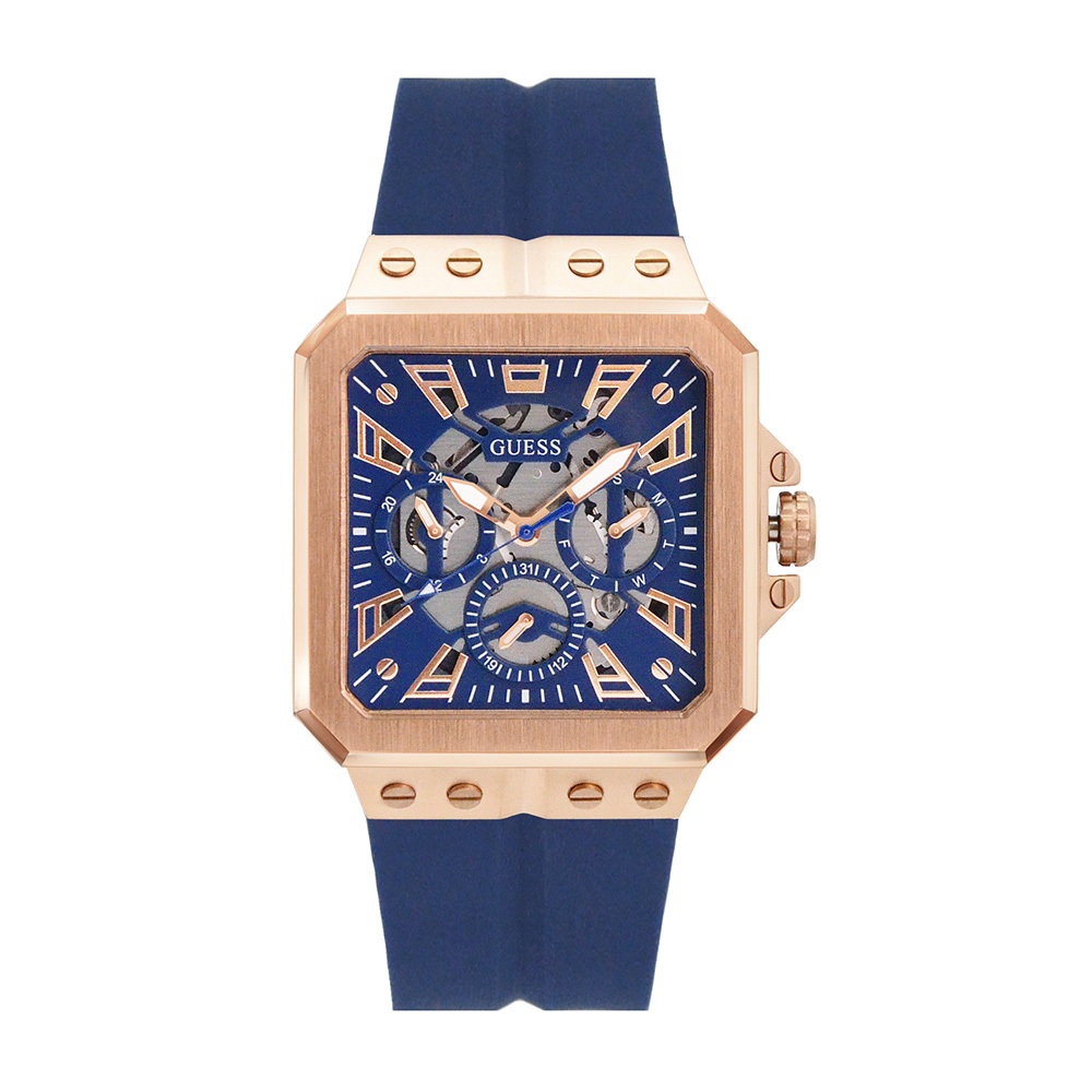 【For You】當天寄出 I GUESS 玫瑰金框 藍面 三眼日期顯示腕錶 鏤空方形錶盤 藍色矽膠錶帶 手錶 男錶