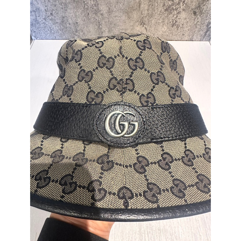 GUCCI 經典GG LOGO帆布皮革飾邊漁夫帽 黑 咖啡