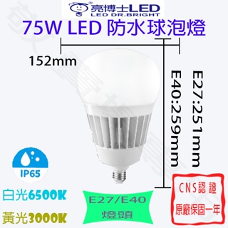 【敬】亮博士 75W 防水 燈泡 E27 E40 白 黃 LED IP65 防塵 球泡 全電壓 CNS認證 室外 陽台