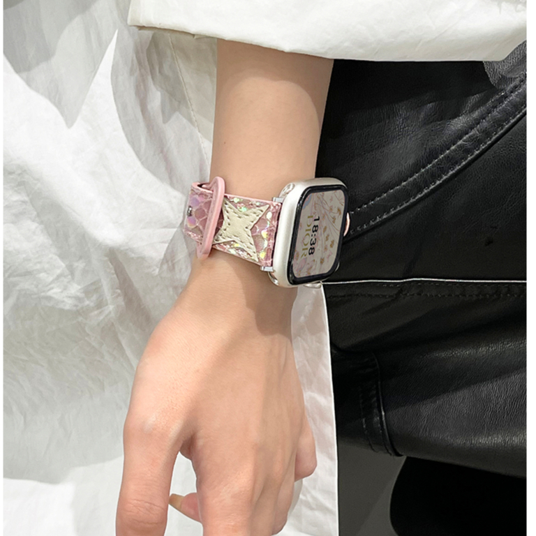 Apple Watch s9 簡約時尚蛇紋星星表帶 真皮錶帶 iwatch 8/7/6/5男女錶帶 41mm 45mm