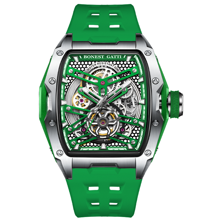 【For You】BONEST GATTI 布加迪 原廠授權 - 綠色款 鏤空酒桶造型 氟橡膠錶帶 自動上鍊機械錶