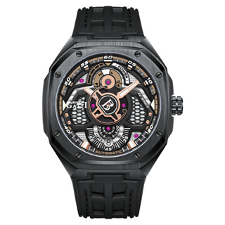 【For You】BONEST GATTI 布加迪 原廠授權 - 黑色方形款 網狀錶盤 橡膠錶帶 機械手錶 男錶