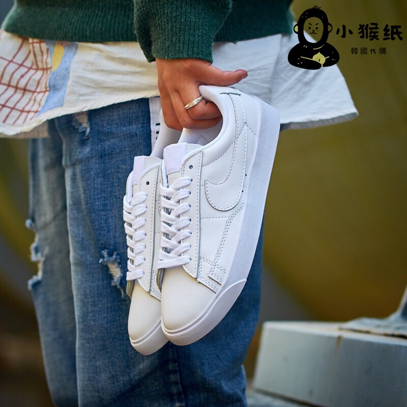 ✨韓國購入Nike Wmns Blazer Low 全白 白黑 皮革 運動鞋 小白鞋 休閒鞋 情侶鞋AV9370-111