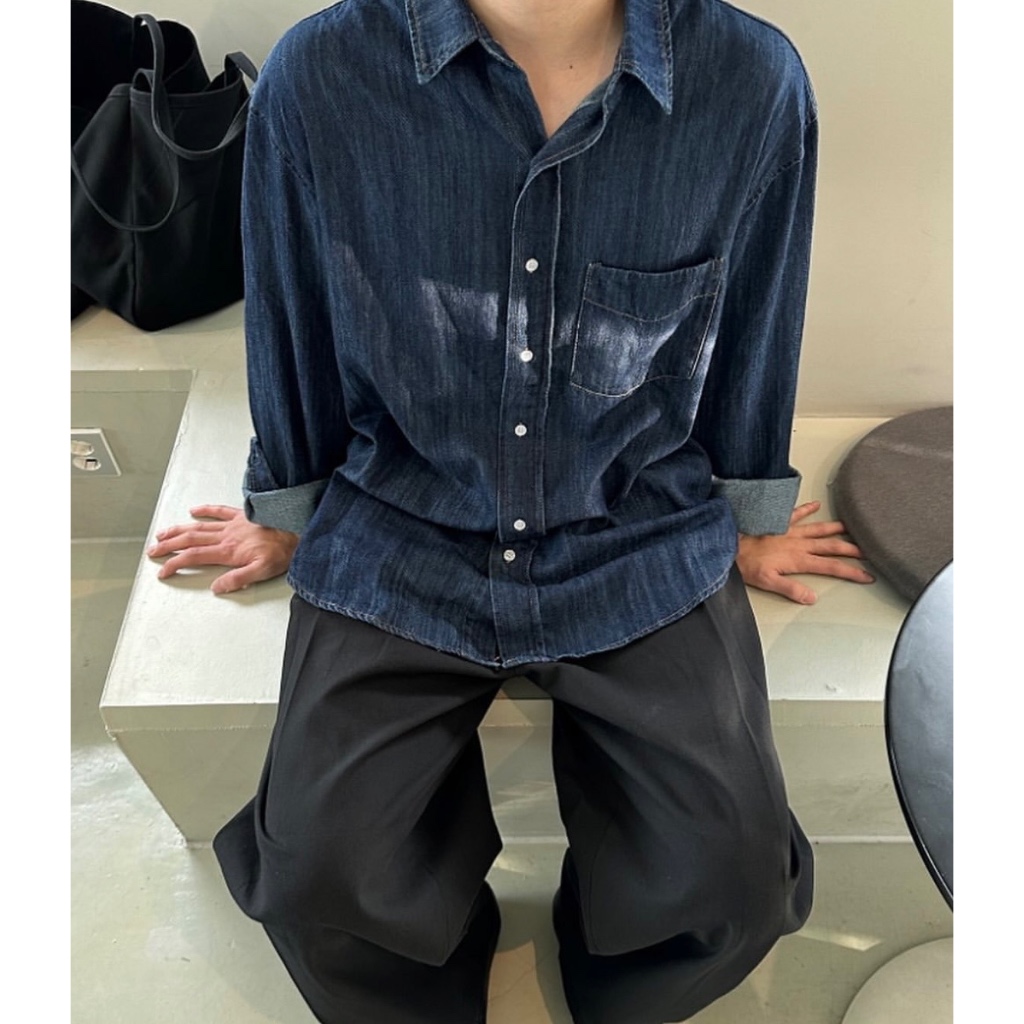 simple 韓國選品 漸層紋 口袋 丹寧 襯衫