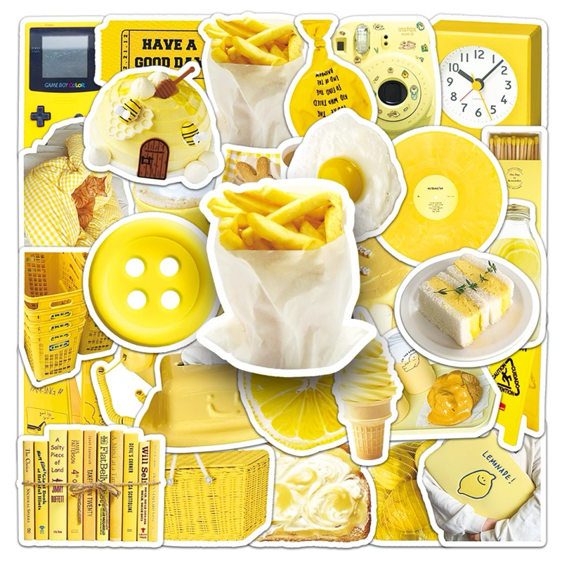 🤙🏻🇹🇼現貨🤙🏻50張 黃色 小清新 塗鴉風格 ins 獎勵塗鴉貼紙 PVC 防水 行李箱 安全帽 筆電 滑板 冰箱