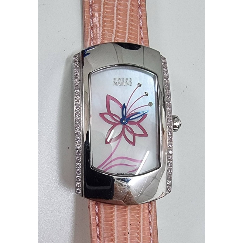 二手Swiss Marine新電池手錶 FlowerCrystal Watch Genuine Lizard Strap