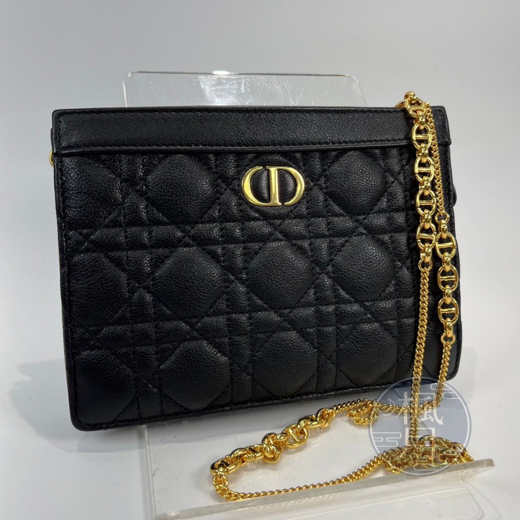 Christian Dior 迪奧 S5106UWHC 黑金色 CARO鏈帶拉鏈小袋 精品包 配件 斜背包 肩背包
