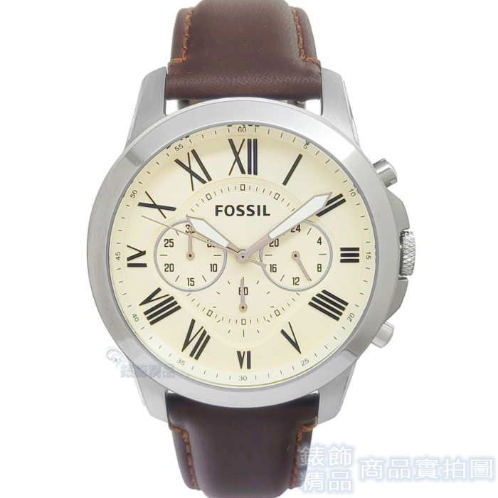 FOSSIL FS4735手錶 羅馬時標 三眼計時 米黃面 棕色錶帶 44mm 男錶【錶飾精品】
