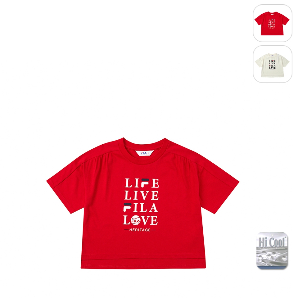 【FILA】KIDS 女童款 吸濕排汗 短袖 運動上衣-紅色 5TEX-4426-RD