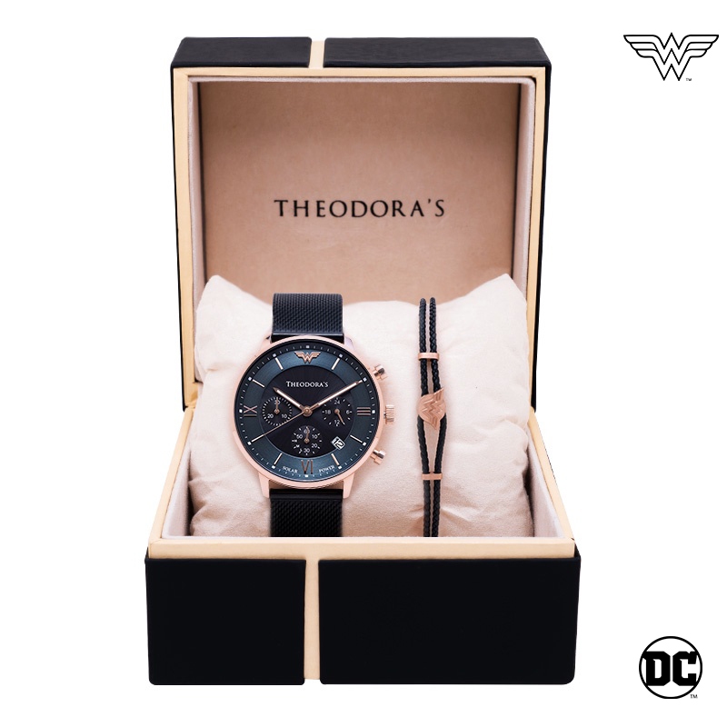 【THEODORA'S】手錶手鍊1+1禮盒-女款 神力女超人 手錶 (真皮編織手環-女款黑)【希奧朵拉】