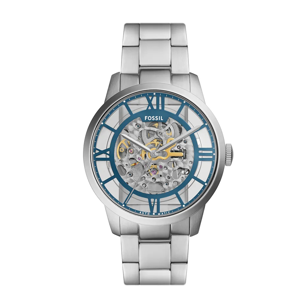 Fossil Townsman 鏤空羅馬數字機械手錶 銀色不鏽鋼錶帶 44MM (ME3260)