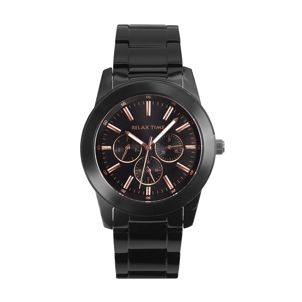 Relax Time 三眼系列 黑框 黑面 玫瑰金刻度 不鏽鋼錶帶 三眼腕錶 手錶 男女適用-R0800-16-10X