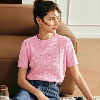衣時尚 針織上衣 短袖T卹 毛線衣 小衫 新款法式粉紅短袖針織衫圓領鏤空寬鬆上衣NA19-96082.