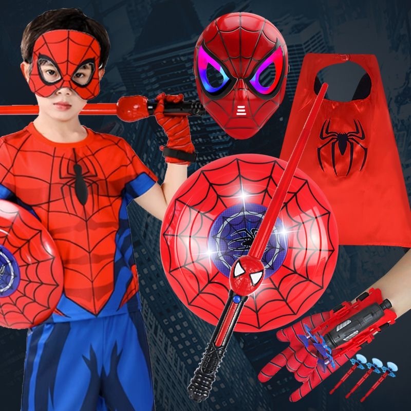 特惠✨兒童玩具 萬聖節服裝發光蜘蛛人服裝 美國隊長英雄面具、盾牌、披風 動漫道具