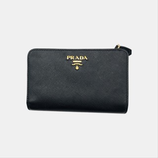 PRADA 經典金色LOGO黑色中夾，錢包，皮夾，零錢包，男夾，女夾，二手真品，正品，現貨，免運【已售出】