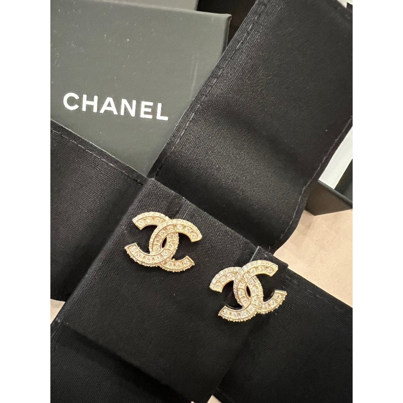 CHANEL 香奈兒 耳環 雙C耳環 耳針 水鑽 正品