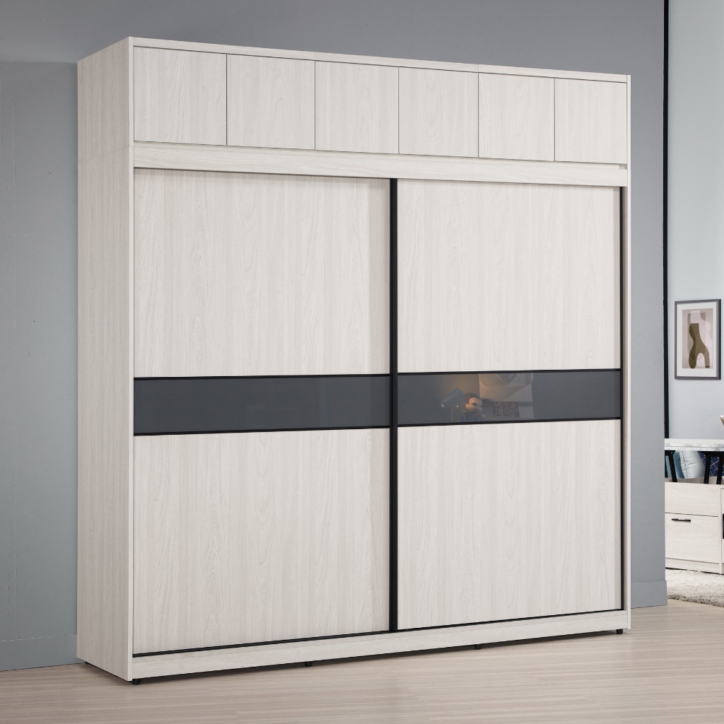 24 蘿克斯白梧桐色全木心板6尺組合系統式拉門玻璃衣櫃 CM080-18
