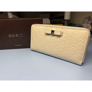 GUCCI 388680 GUCCISSIMA牛皮壓GG紋拉鏈式長夾-白 非LV HERMES CHANEL