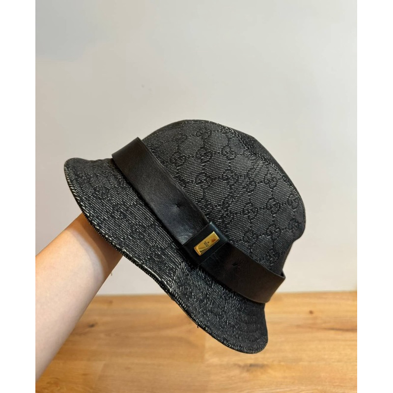 Gucci Dark Grey Logo Jacquard Leather Trim  丹寧帽 漁夫帽 帽子