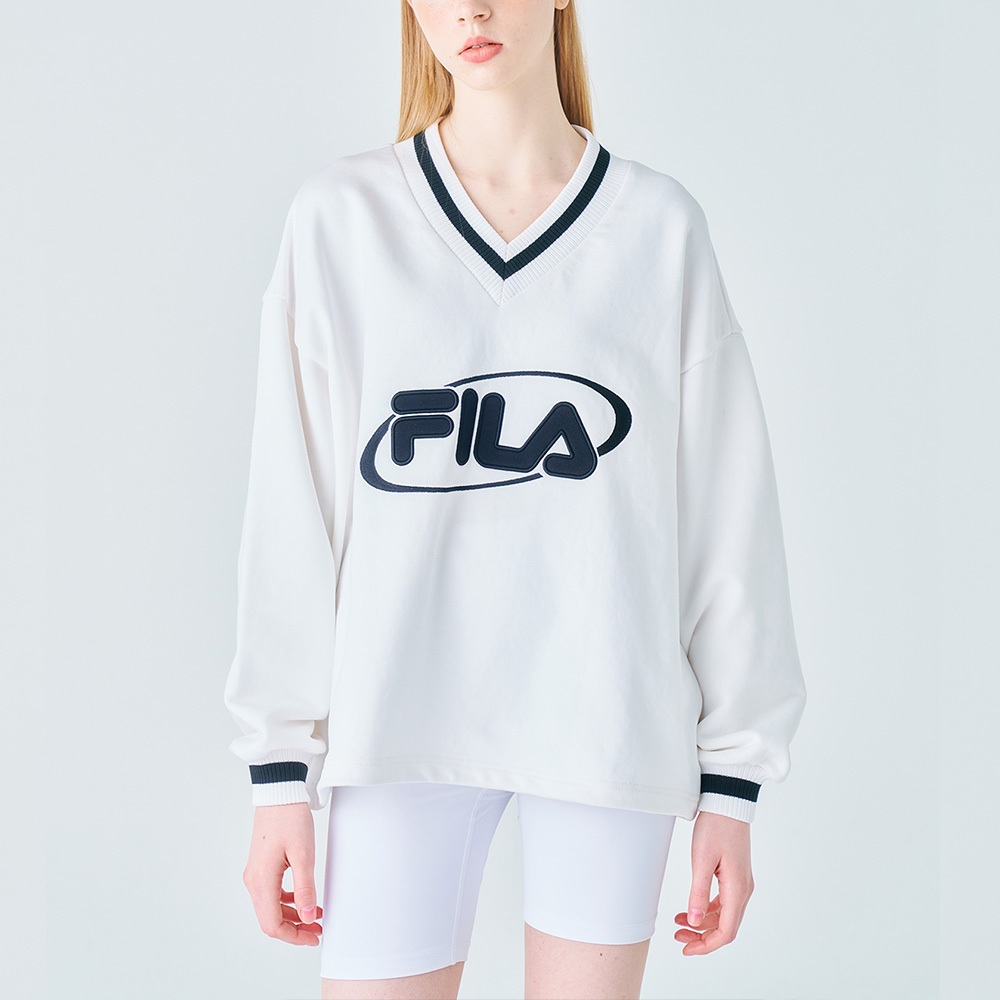 【FILA】女性 長袖 運動V領 T恤-米白 5TEX-1849-BG