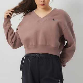 Nike NSW PHNX FLC CROP VNECK 女 紫紅 上衣 大學T 刷毛 長袖FN3652-208