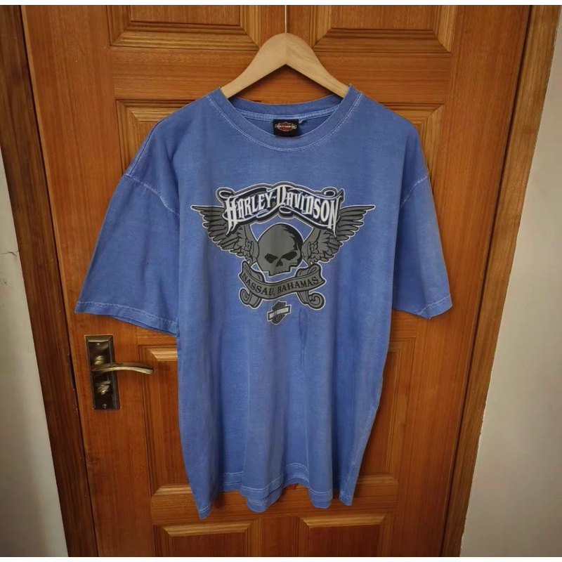 Harley Davidson 哈雷機車 短T 短袖 T恤 藍 logo 美式 仿舊 vintage 塗鴉 機車 重機