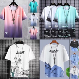 短袖T恤男M-8XL 加肥加大300斤可穿 五分袖衣服男女 運動上衣透氣百搭 速乾t恤 情侶t恤 男生短袖 漸變色短t恤