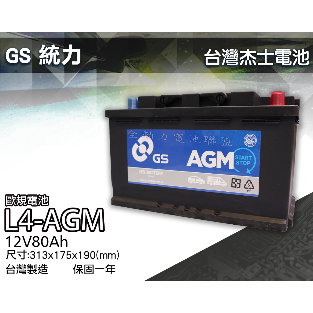 全動力-GS 統力 LN4 AGM 歐規電池 12V 80Ah 免加水 汽車電池 啟停車 怠速熄火裝置