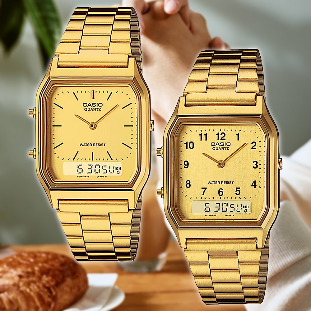 【WANgT】CASIO 卡西歐 AQ-230GA 復古金 雙顯 自動日曆 星期日期 不鏽鋼 指針錶 手錶 29.8mm
