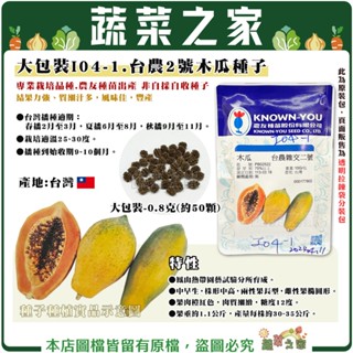 【蔬菜之家滿額免運】大包裝I04-1.臺農2號木瓜種子0.8克(約50顆) 中早生，株形中高，兩性果長型，雌性果橢圓形