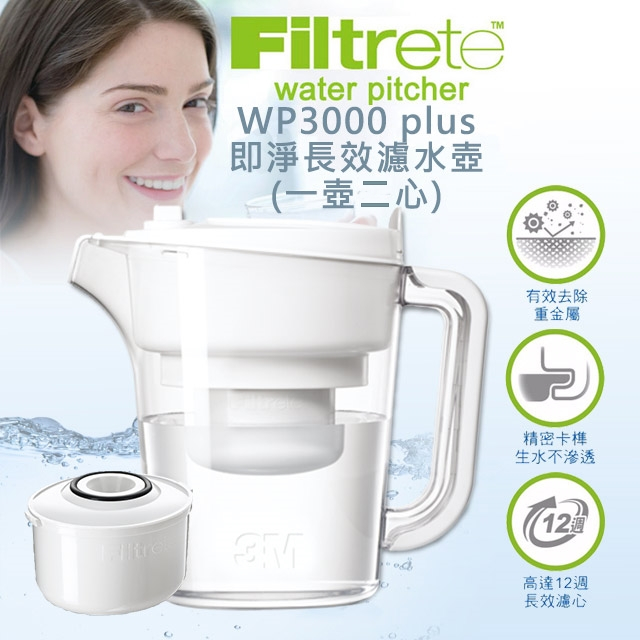 3M Filtrete 淨呼吸 ™ WP3000plus即淨長效濾水壺 1濾壺2濾心 /濾芯全新plus 公司貨