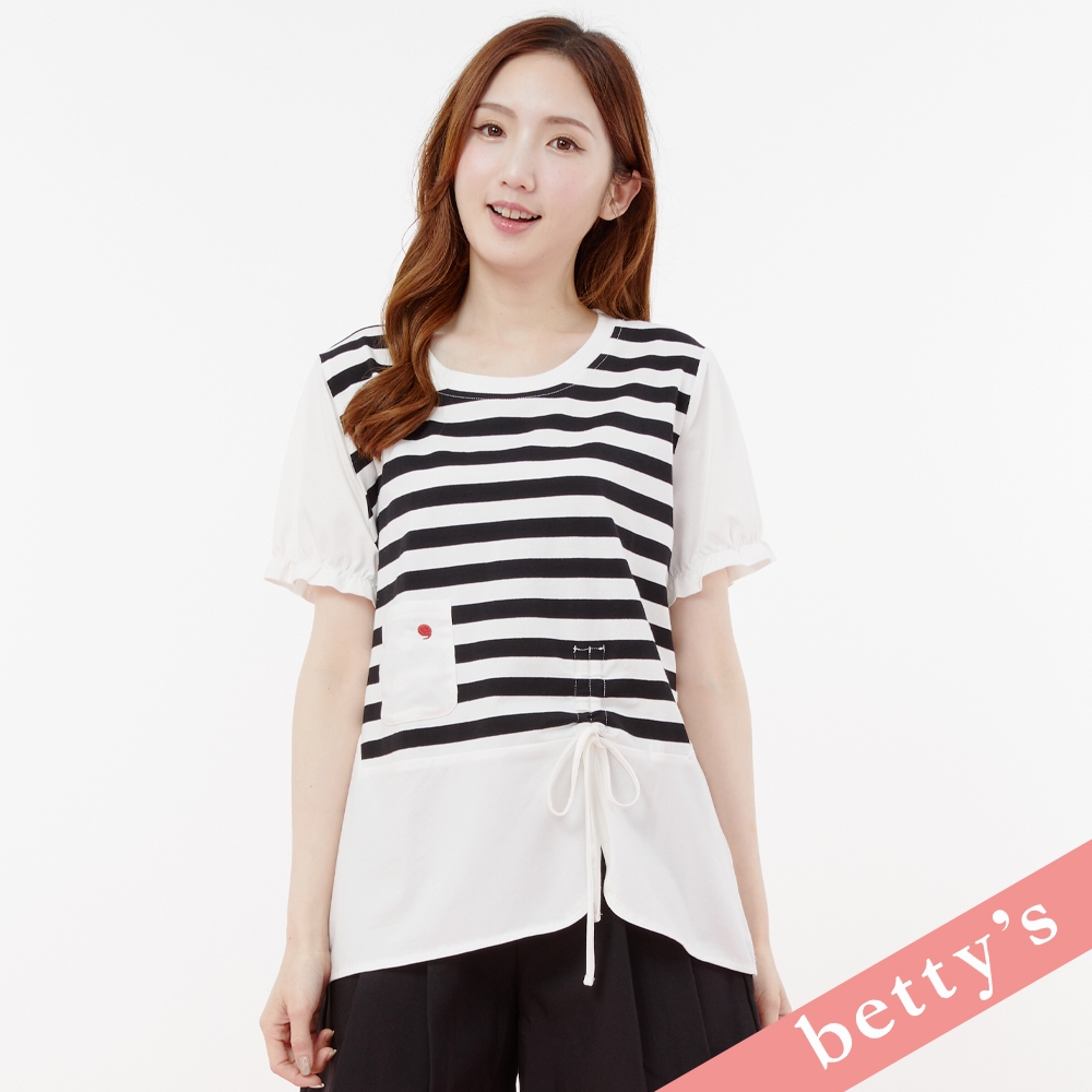 betty’s貝蒂思(31)條紋拼接造型抽繩長版T-shirt(黑色)