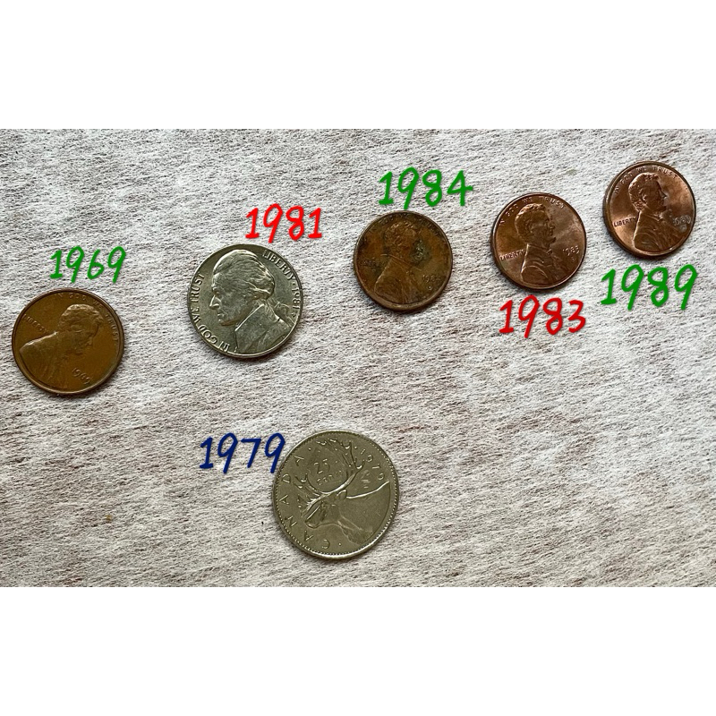 美金加拿大美元硬幣：1969、1983、1984、1989一美分、1分；1981五美分、5分；1979 加拿大 25分