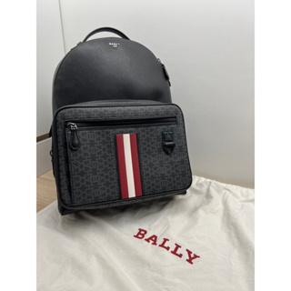 BALLY Mavrick 紅白槓滿版logo 防刮皮革雙肩後背包(黑)