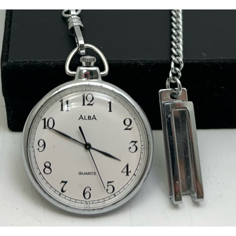 SEIKO系列ALBA雅柏白鋼石英懷錶.原廠鏈帶//運行良好