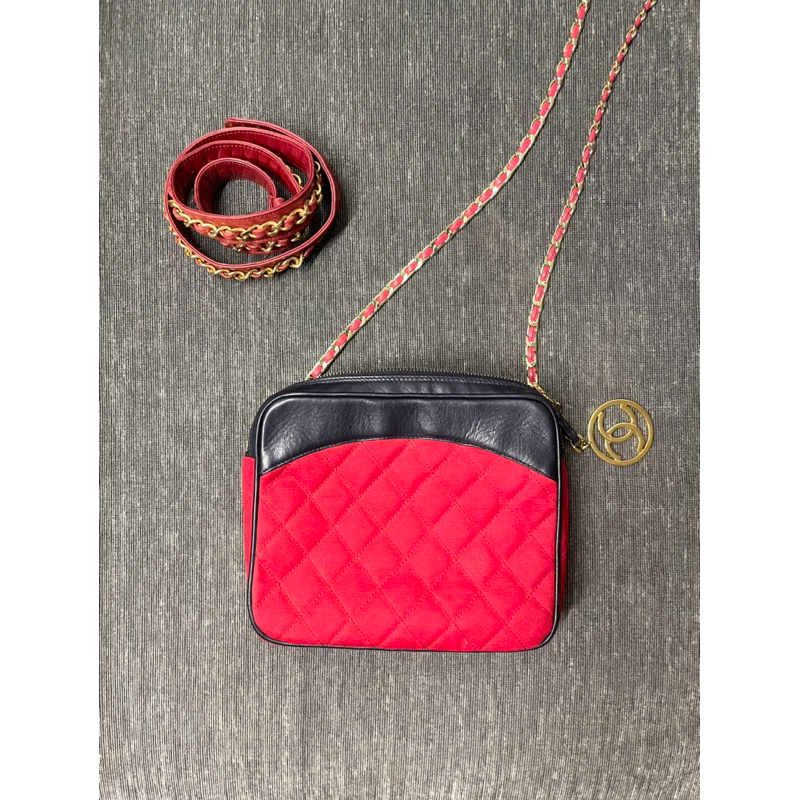 Chanel vintage 紅色小方包腰包 送鏈條斜背帶